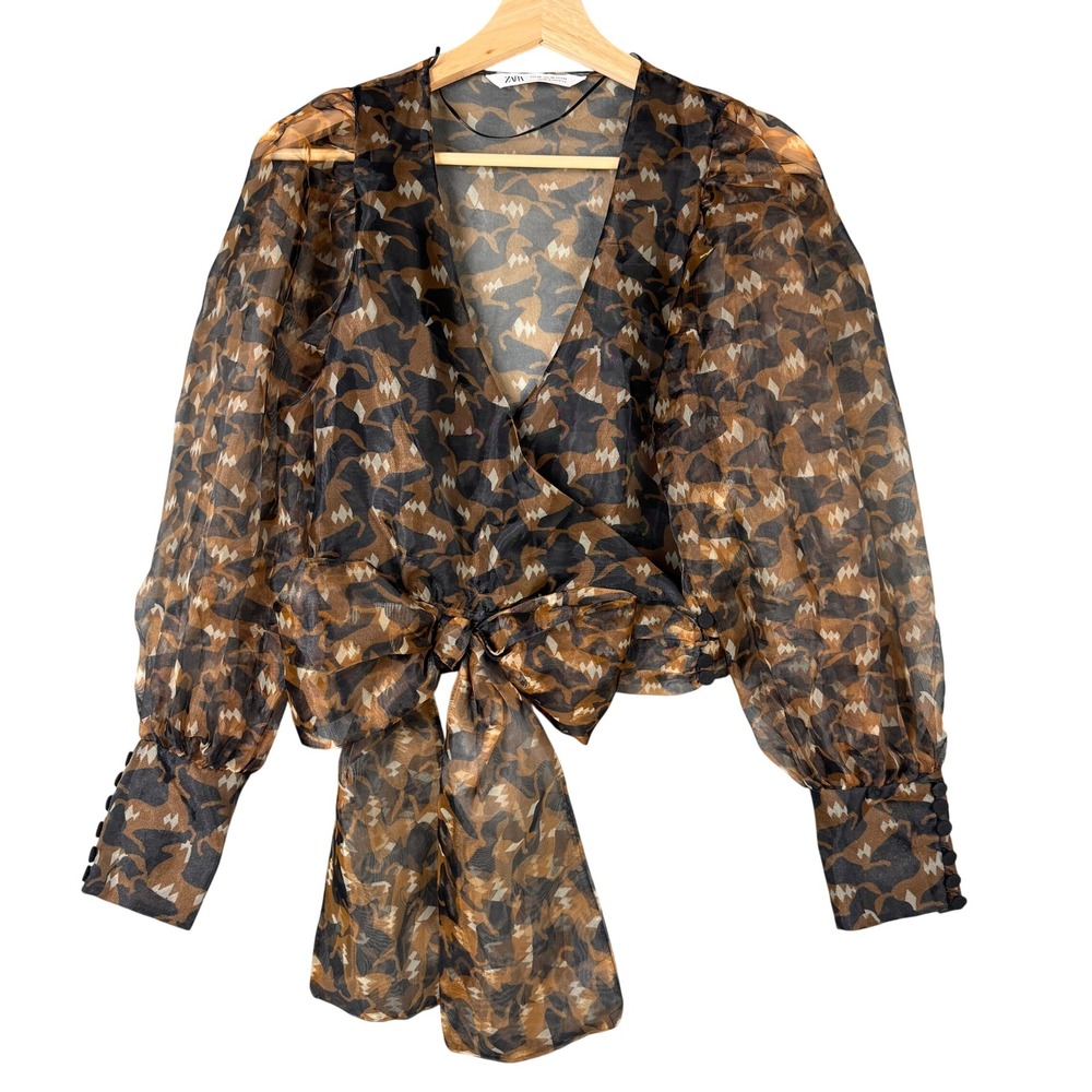 ZARA Brown Abstract Print Sheer Tie Front Wrap Blouse Balloon Sleeve XS